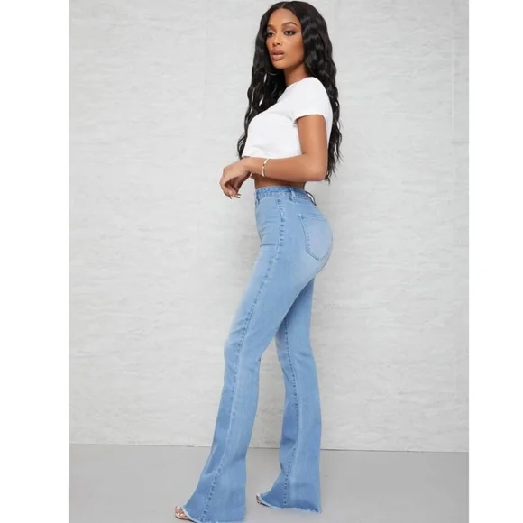 Flared Leg Blue Jeans High Waist for Curvy Hips Long Denim Bell Bottom - Picture 6 of 8